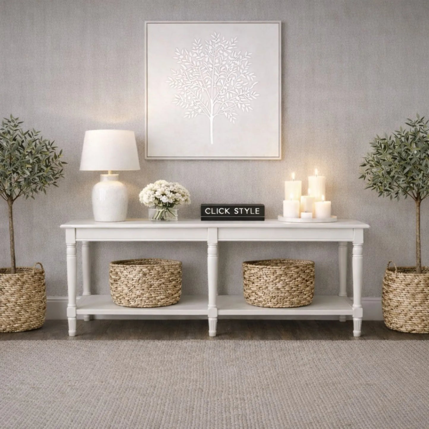 Large White Wooden Console Table with Shelf – Long 160cm Pine Hallway Console Table with Turned Legs & Lower Storage 80x160x40cm | Click Style