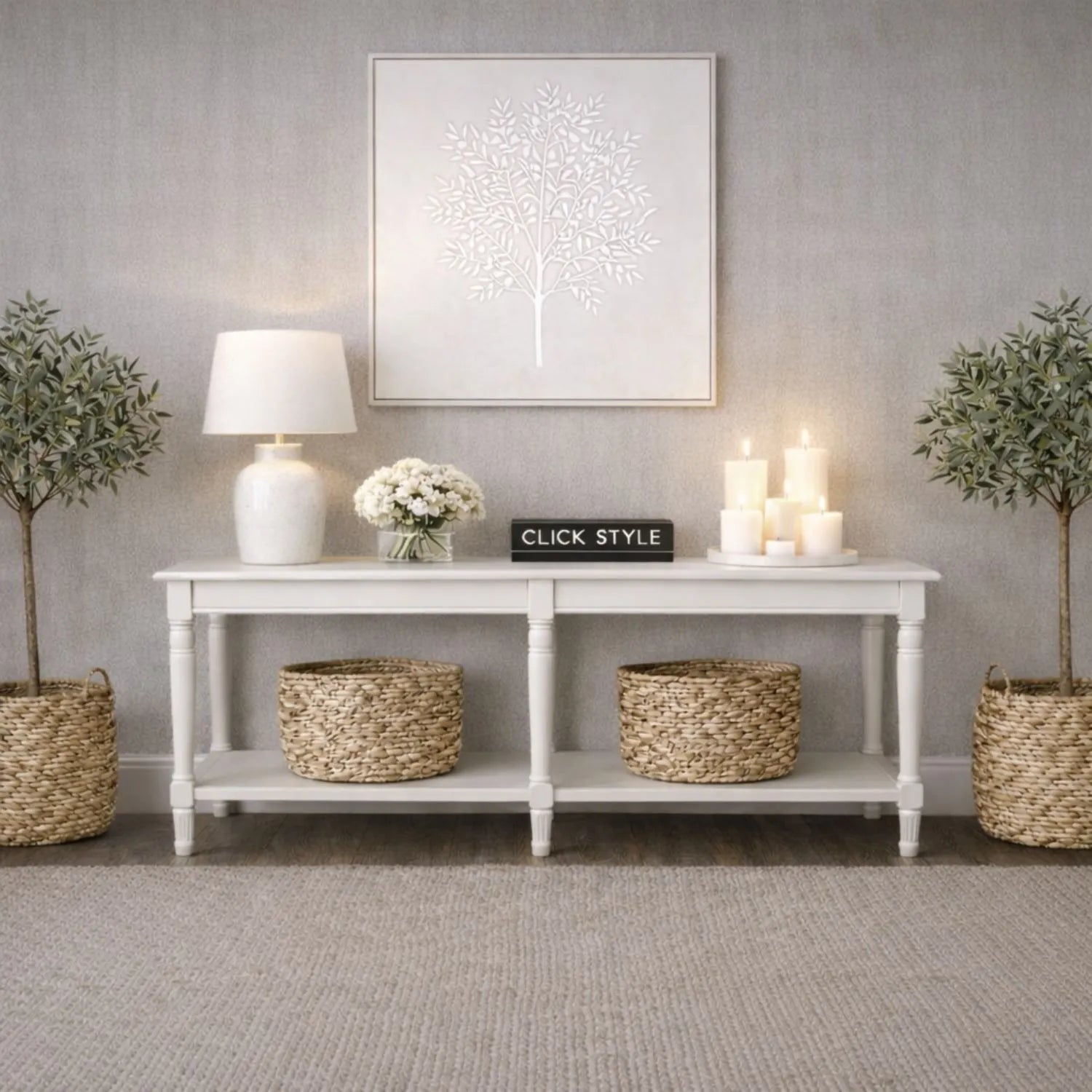 Large White Wooden Console Table with Shelf – Long 160cm Pine Hallway Console Table with Turned Legs & Lower Storage 80x160x40cm | Click Style