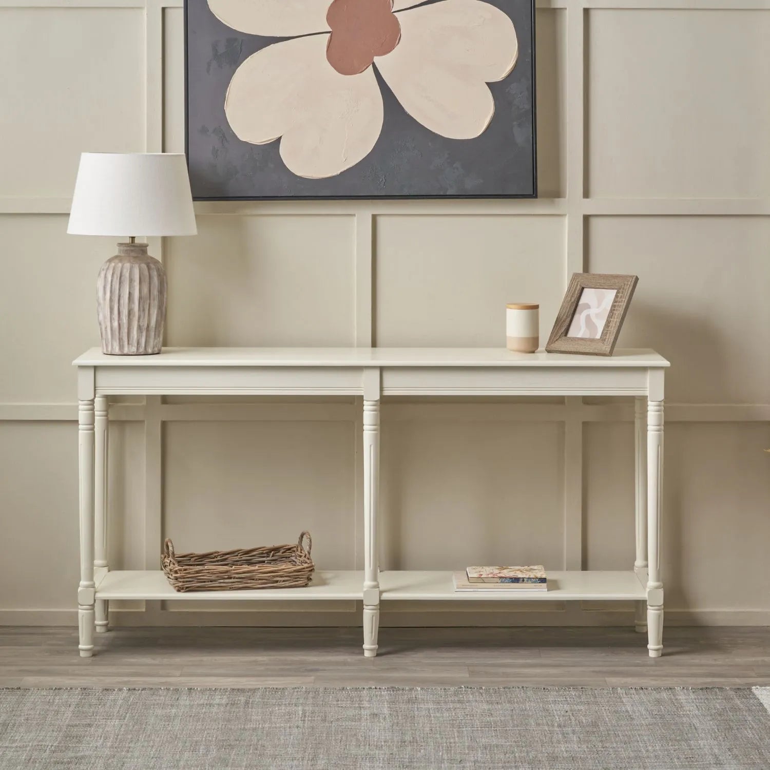 Large White Wooden Console Table with Shelf – Long 160cm Pine Hallway Console Table with Turned Legs & Lower Storage 80x160x40cm | Click Style