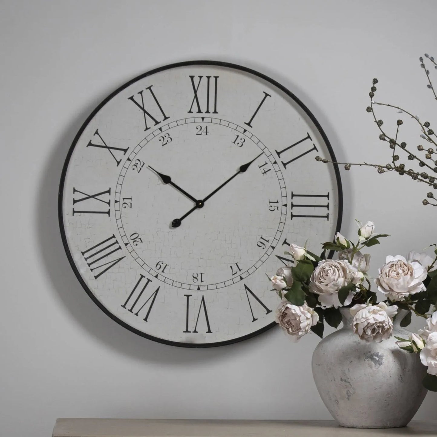 Large White & Black Round Wall Clock with Distressed Face Roman Numerals & Black Hands 80x80x8cm - Click Style