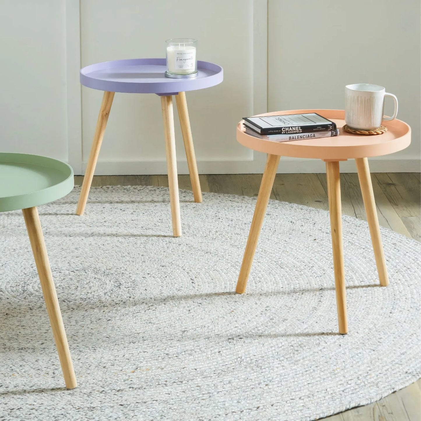 Lavender Lilac Round Tripod Side Table with Pine Wooden Legs – Small Bedside or Coffee Table 43.5x41cm - Click Style