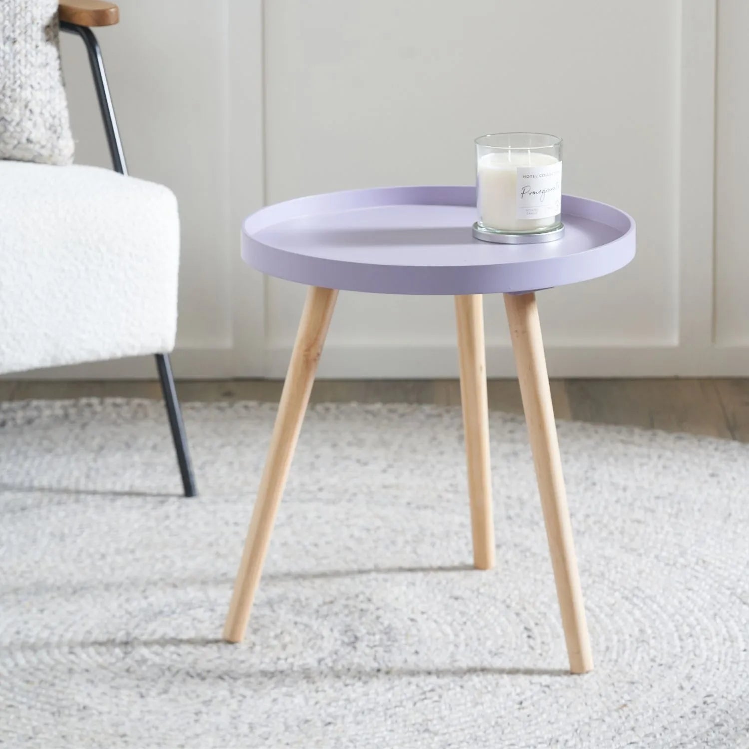 Lavender Lilac Round Tripod Side Table with Pine Wooden Legs – Small Bedside or Coffee Table 43.5x41cm - Click Style