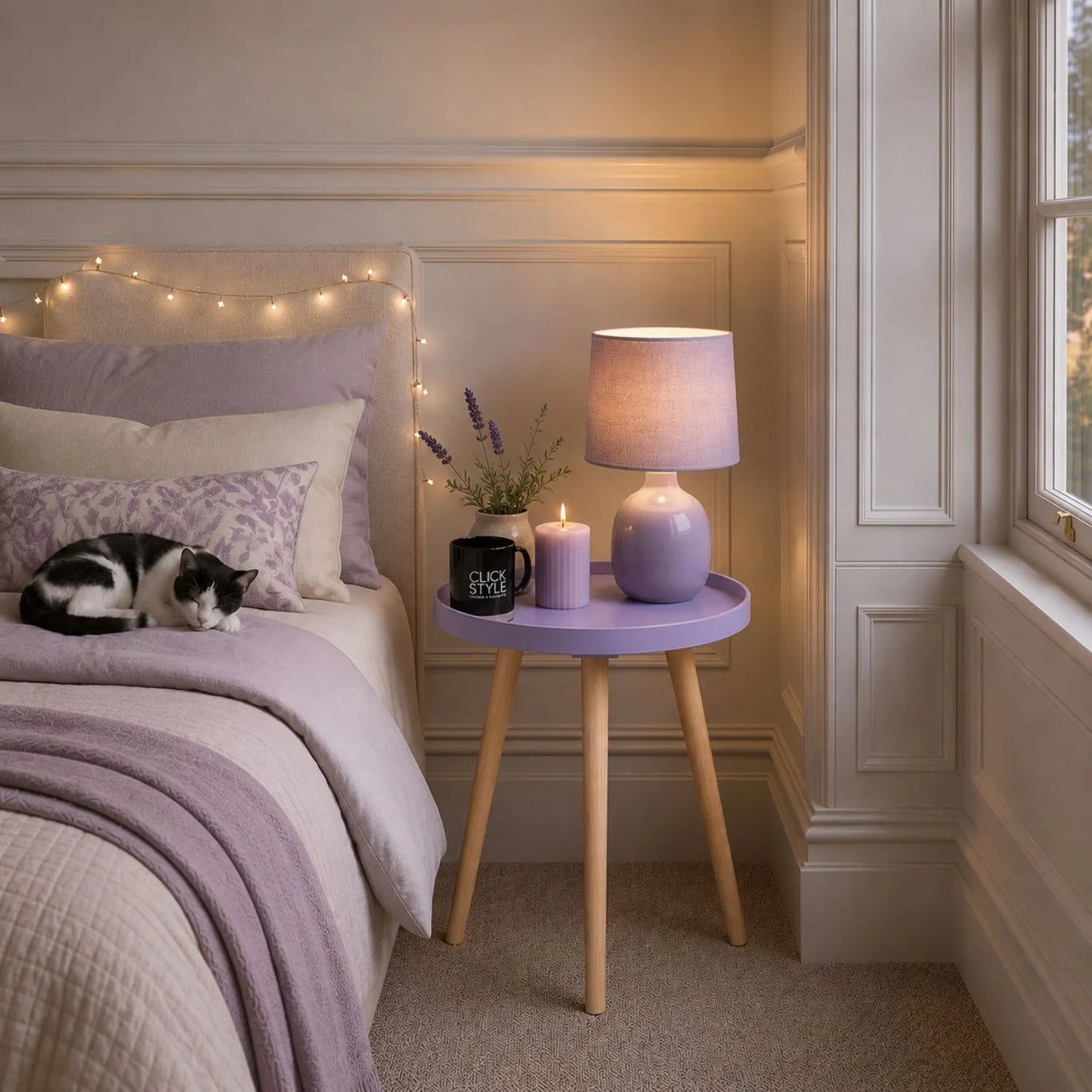 Lavender Lilac Round Tripod Side Table with Pine Wooden Legs – Small Bedside or Coffee Table 43.5x41cm