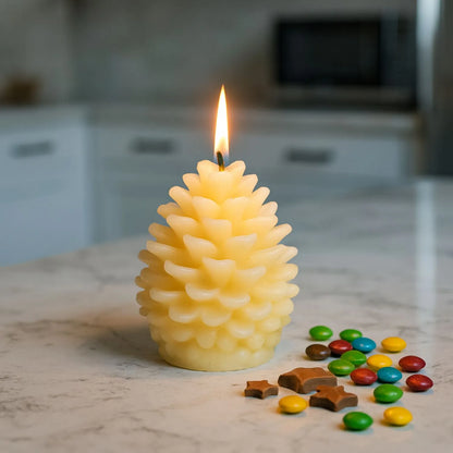 Layered Cream Real Wax LED Christmas Pinecone Candle With Realistic Flickering Flame – Festive Battery Operated Decorative Light 11x10x10cm | Click Style