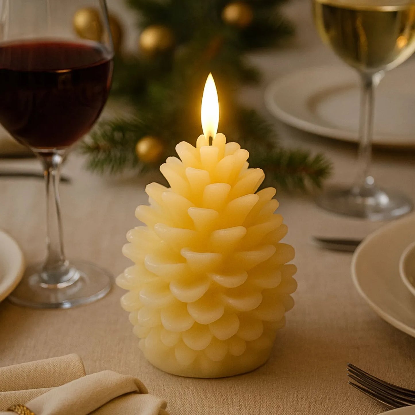 Layered Cream Real Wax LED Christmas Pinecone Candle With Realistic Flickering Flame – Festive Battery Operated Decorative Light 11x10x10cm | Click Style