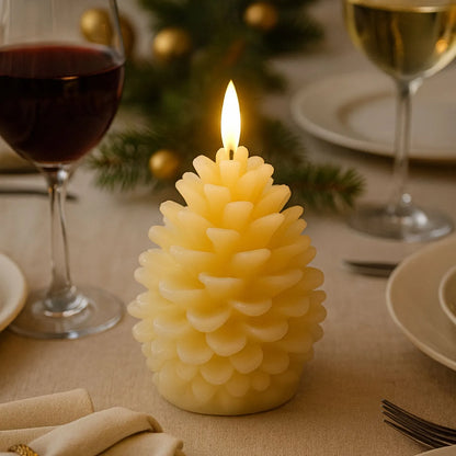 Layered Cream Real Wax LED Christmas Pinecone Candle With Realistic Flickering Flame – Festive Battery Operated Decorative Light 11x10x10cm | Click Style