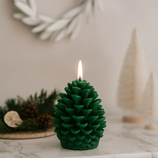 Layered Forest Green Real Wax LED Christmas Pinecone Candle With Realistic Flickering Flame – Festive Battery Operated Decorative Light 11x10x10cm | Click Style