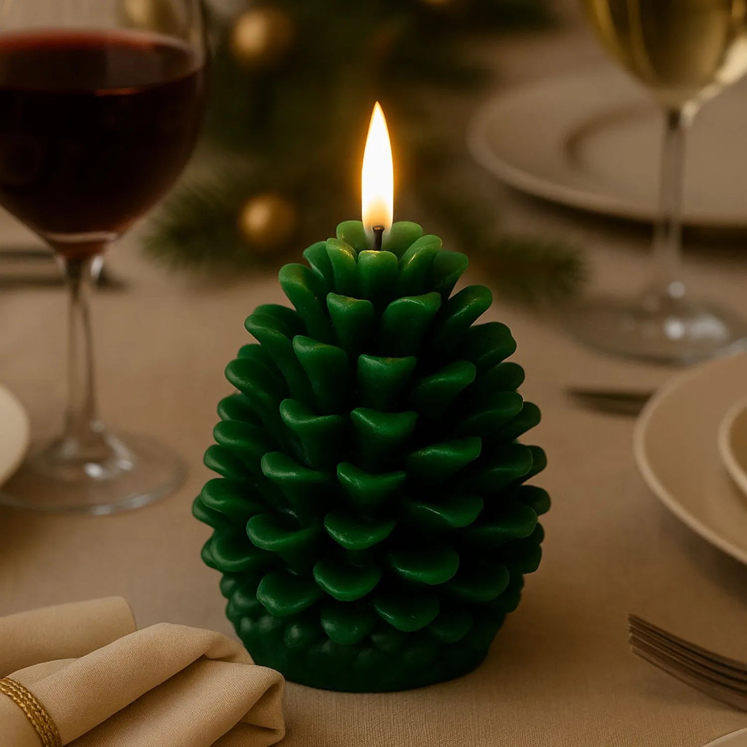 Layered Forest Green Real Wax LED Christmas Pinecone Candle With Realistic Flickering Flame – Festive Battery Operated Decorative Light 11x10x10cm | Click Style