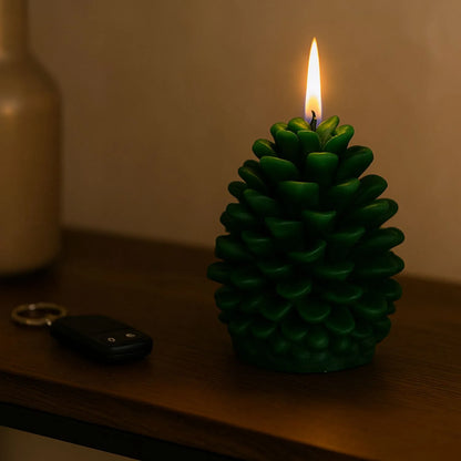 Layered Forest Green Real Wax LED Christmas Pinecone Candle With Realistic Flickering Flame – Festive Battery Operated Decorative Light 11x10x10cm | Click Style