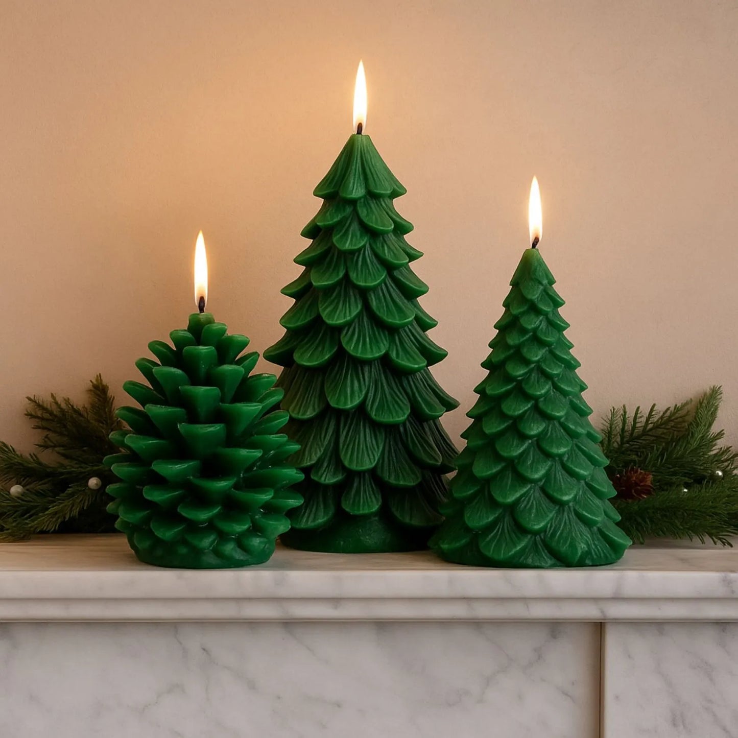 Layered Forest Green Real Wax LED Christmas Pinecone Candle With Realistic Flickering Flame – Festive Battery Operated Decorative Light 11x10x10cm | Click Style