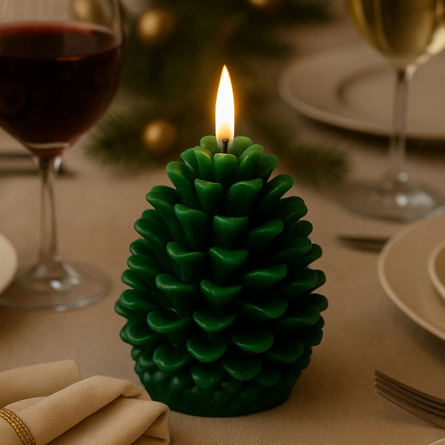 Layered Forest Green Real Wax LED Christmas Pinecone Candle With Realistic Flickering Flame – Festive Battery Operated Decorative Light 11x10x10cm | Click Style