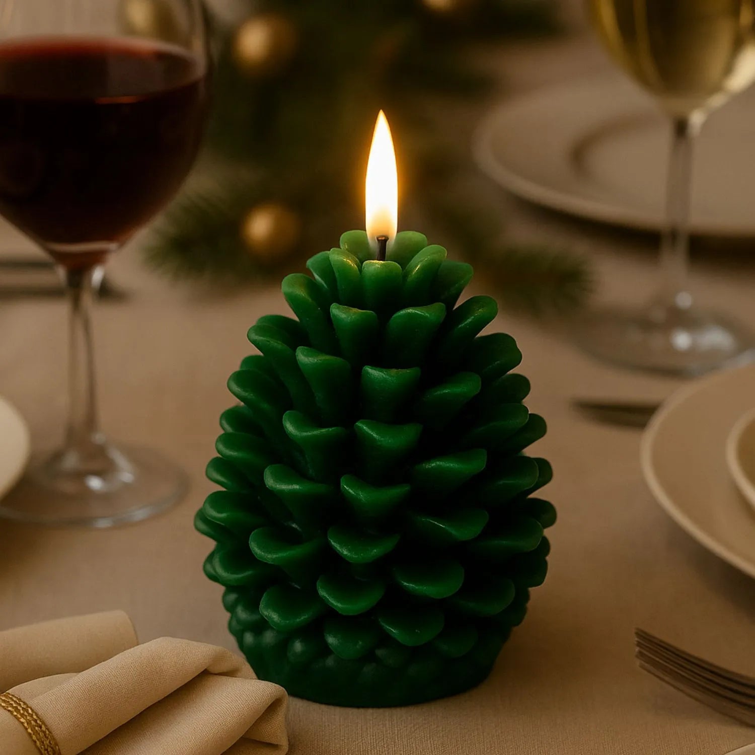 Layered Forest Green Real Wax LED Christmas Pinecone Candle With Realistic Flickering Flame – Festive Battery Operated Decorative Light 11x10x10cm | Click Style