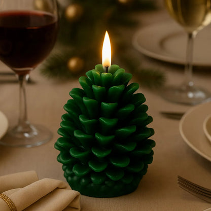 Layered Forest Green Real Wax LED Christmas Pinecone Candle With Realistic Flickering Flame – Festive Battery Operated Decorative Light 11x10x10cm | Click Style