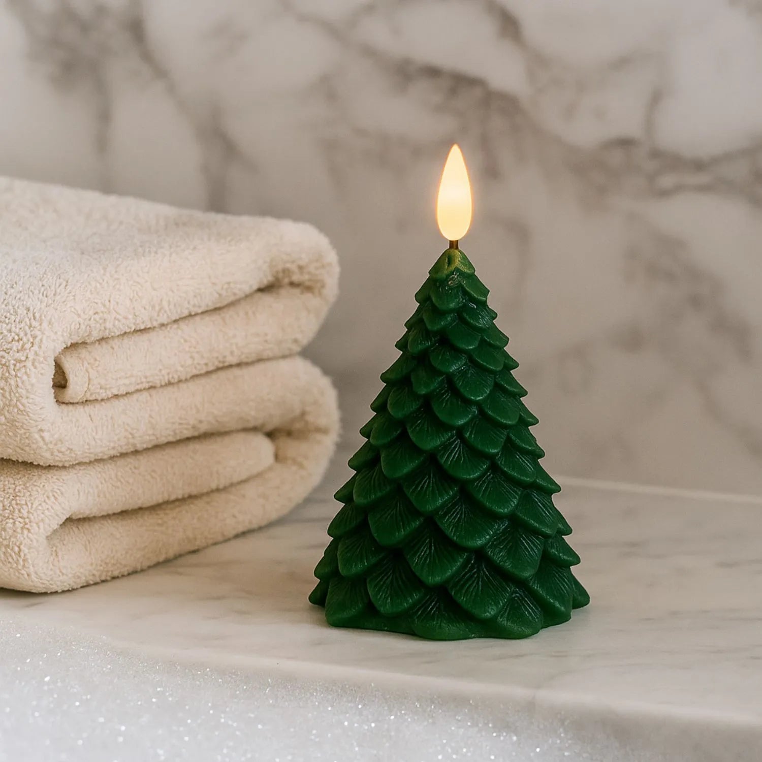 Layered Forest Green Real Wax LED Christmas Tree Candle With Realistic Flickering Flame Festive Battery Operated Decorative Light 13x8x8cm | Click Style