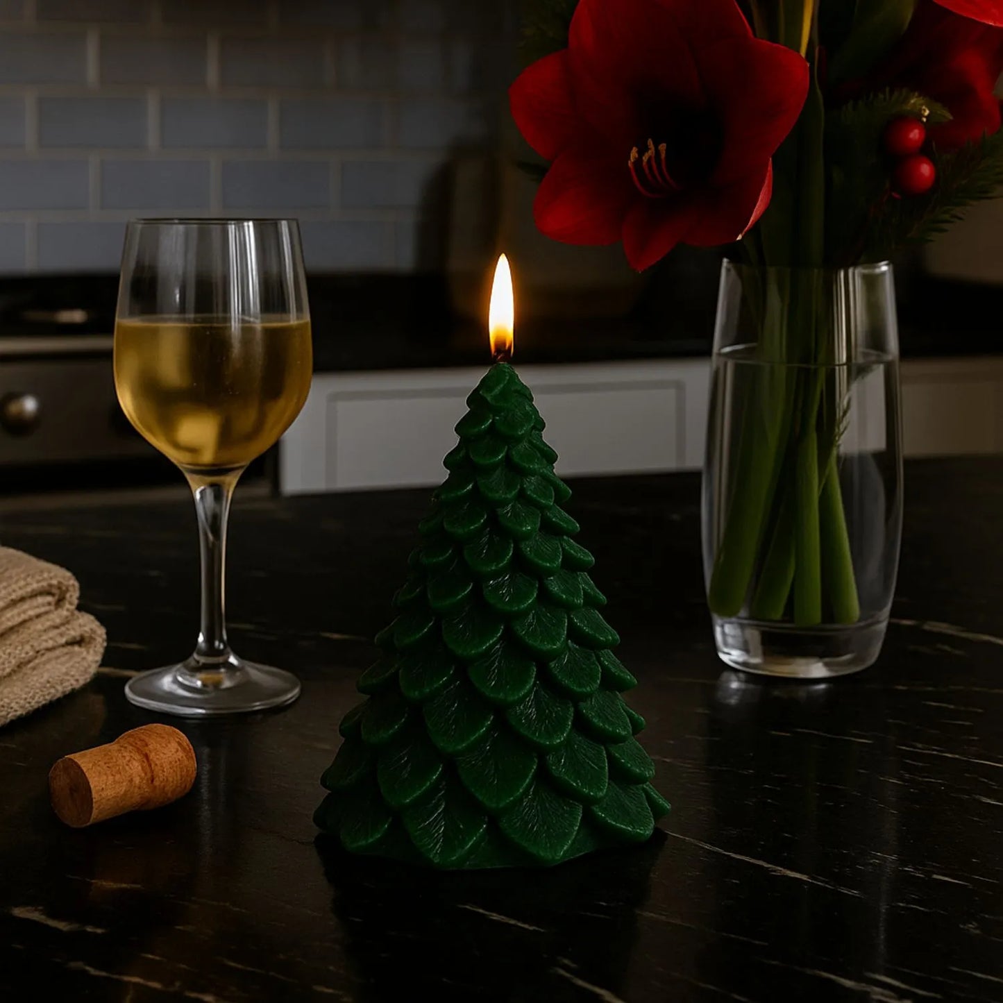 Layered Forest Green Real Wax LED Christmas Tree Candle With Realistic Flickering Flame Festive Battery Operated Decorative Light 13x8x8cm | Click Style