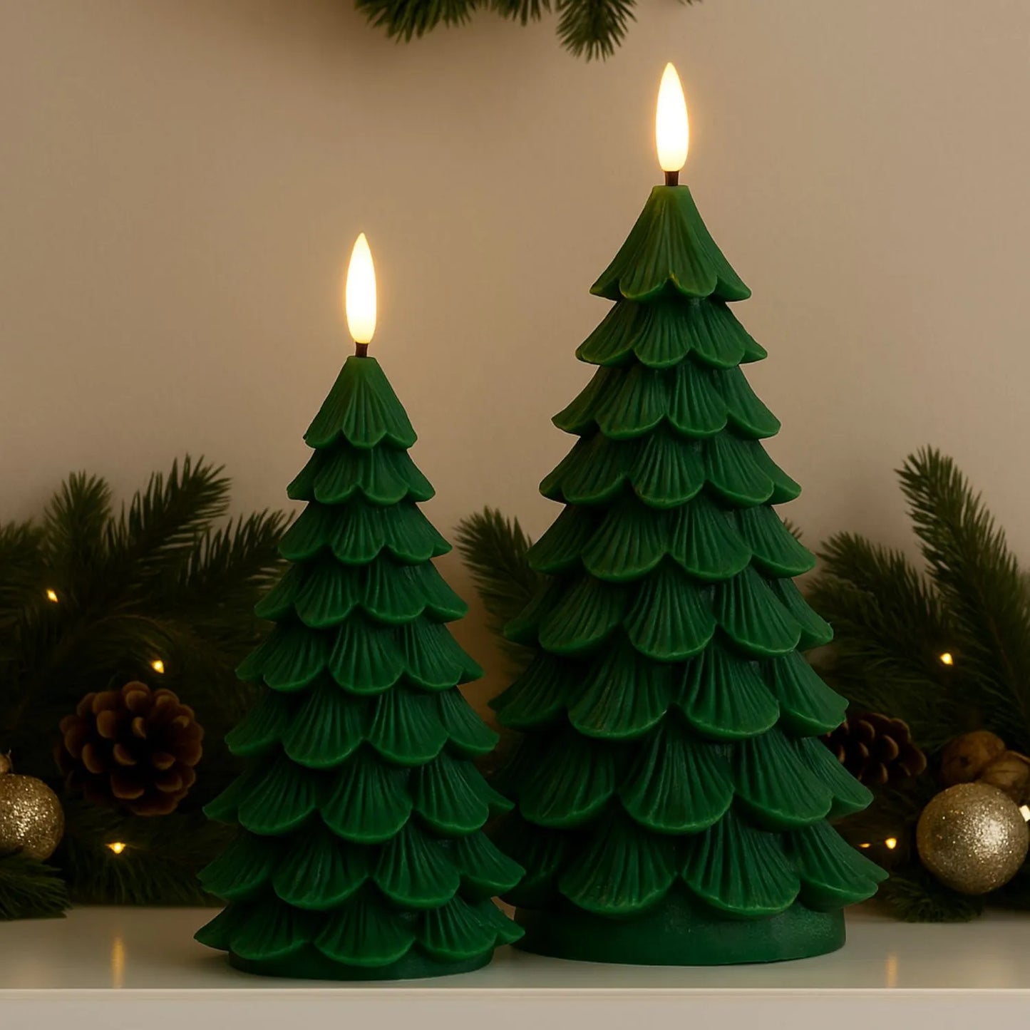 Layered Forest Green Real Wax LED Christmas Tree Candle With Realistic Flickering Flame Festive Battery Operated Decorative Light 13x8x8cm | Click Style
