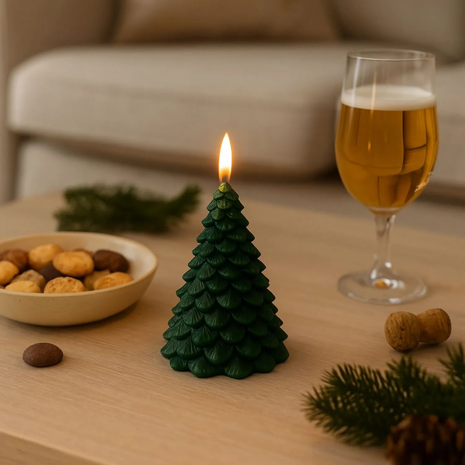 Layered Forest Green Real Wax LED Christmas Tree Candle With Realistic Flickering Flame Festive Battery Operated Decorative Light 13x8x8cm | Click Style