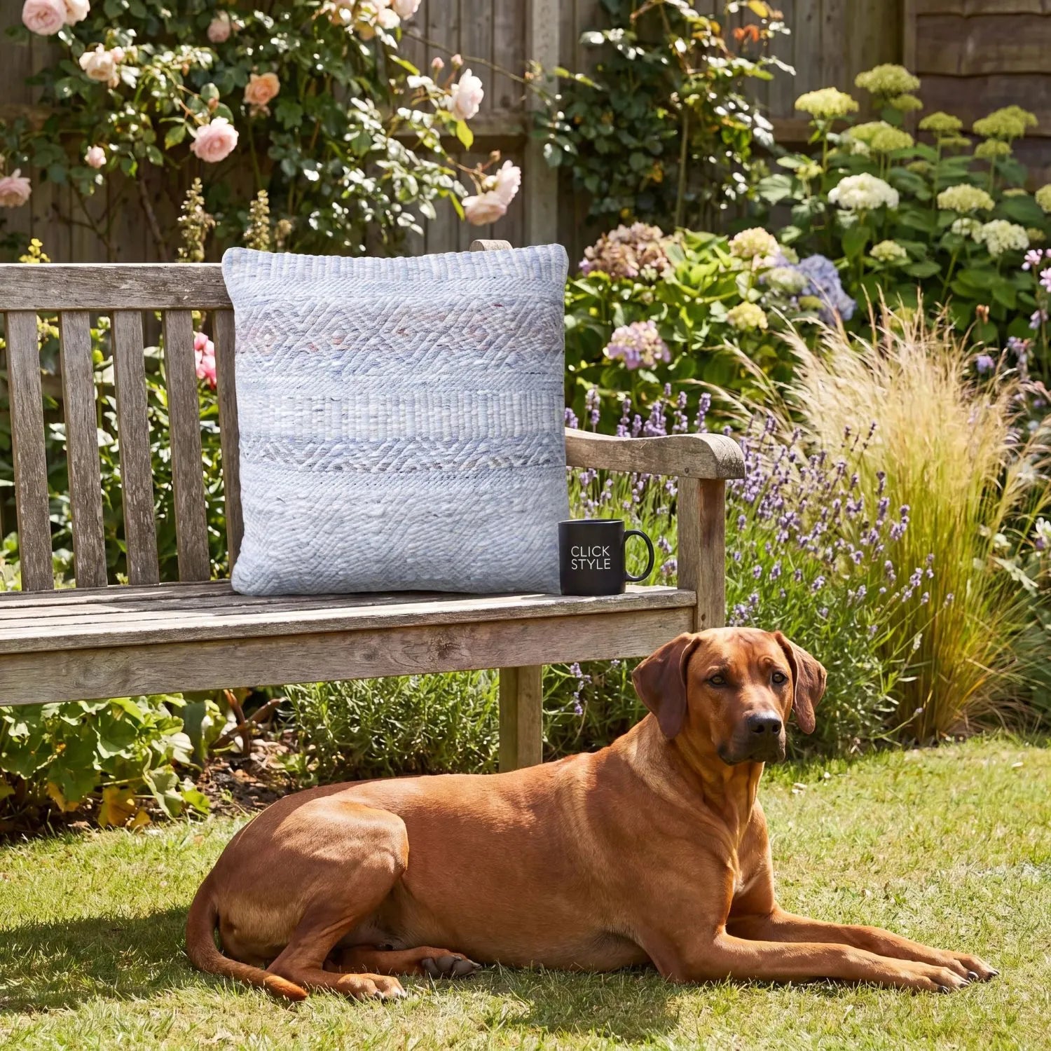Light Blue & White Square Indoor Outdoor Cushion with Bohemian Pattern – Recycled Weather-Resistant & Durable 45x45x10cm featuring a woven light blue and white geometric bohemian design, textured finish and recycled PET fabric for garden furniture, patios, balconies, conservatories and modern homes | Click Style