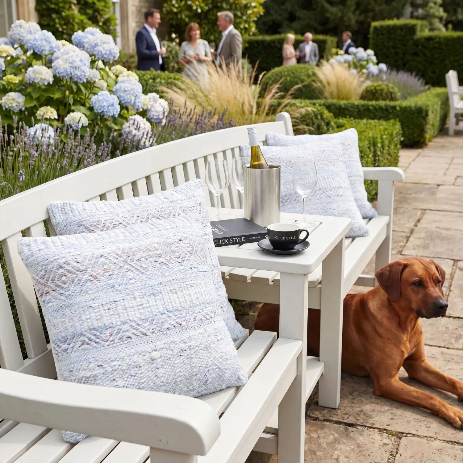 Light Blue & White Square Indoor Outdoor Cushion with Bohemian Pattern – Recycled Weather-Resistant & Durable 45x45x10cm featuring a woven light blue and white geometric bohemian design, textured finish and recycled PET fabric for garden furniture, patios, balconies, conservatories and modern homes | Click Style
