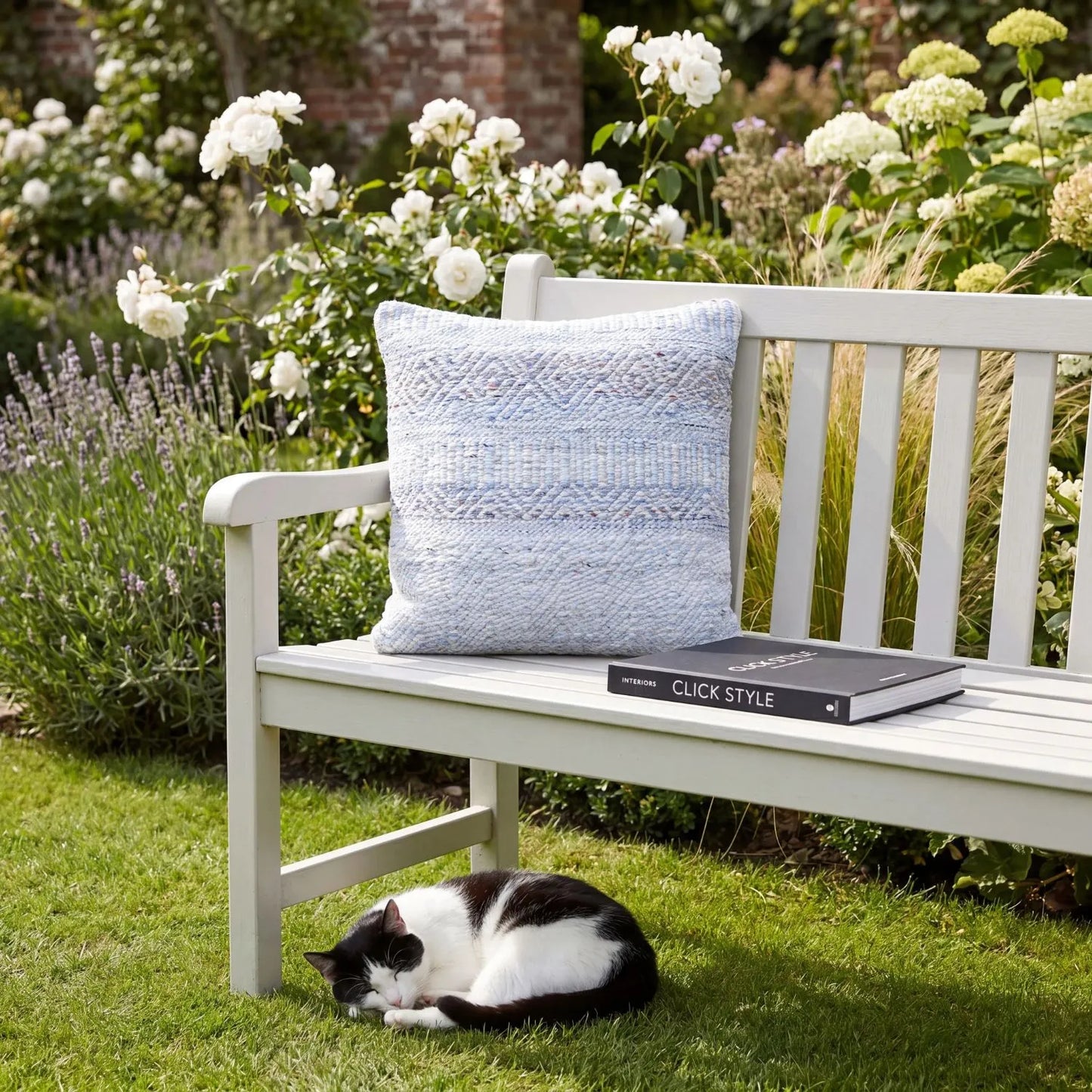 Light Blue & White Square Indoor Outdoor Cushion with Bohemian Pattern – Recycled Weather-Resistant & Durable 45x45x10cm featuring a woven light blue and white geometric bohemian design, textured finish and recycled PET fabric for garden furniture, patios, balconies, conservatories and modern homes | Click Style