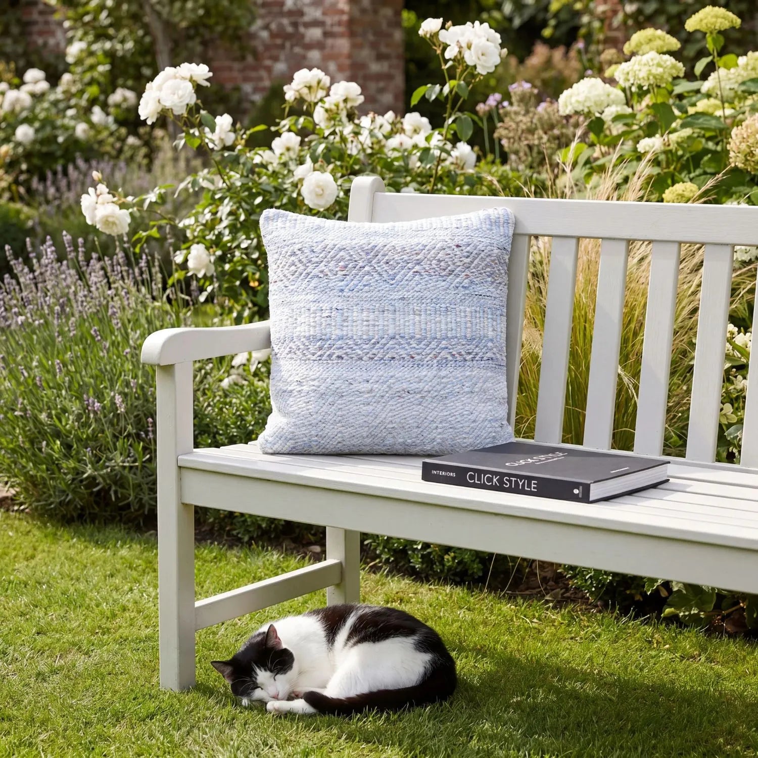 Light Blue & White Square Indoor Outdoor Cushion with Bohemian Pattern – Recycled Weather-Resistant & Durable 45x45x10cm featuring a woven light blue and white geometric bohemian design, textured finish and recycled PET fabric for garden furniture, patios, balconies, conservatories and modern homes | Click Style