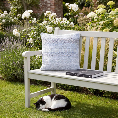 Light Blue & White Square Indoor Outdoor Cushion with Bohemian Pattern – Recycled Weather-Resistant & Durable 45x45x10cm featuring a woven light blue and white geometric bohemian design, textured finish and recycled PET fabric for garden furniture, patios, balconies, conservatories and modern homes | Click Style