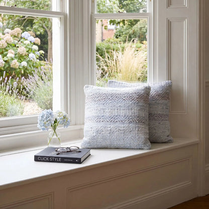 Light Blue & White Square Indoor Outdoor Cushion with Bohemian Pattern – Recycled Weather-Resistant & Durable 45x45x10cm featuring a woven light blue and white geometric bohemian design, textured finish and recycled PET fabric for garden furniture, patios, balconies, conservatories and modern homes | Click Style