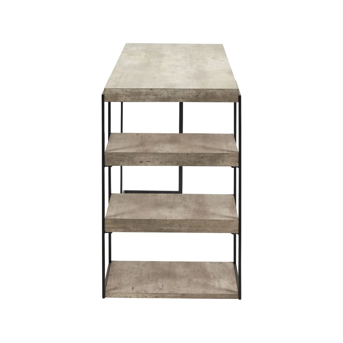 Light Grey Concrete Effect Desk with 3 Side Storage Shelves & Black Metal Frame – Industrial Home Office Computer Desk with Open Shelving Storage, Concrete Effect Wood Veneer Top, Slim Metal Legs and Contemporary Space Saving Workstation Design Side View 79.5x120x50cm | Click Style