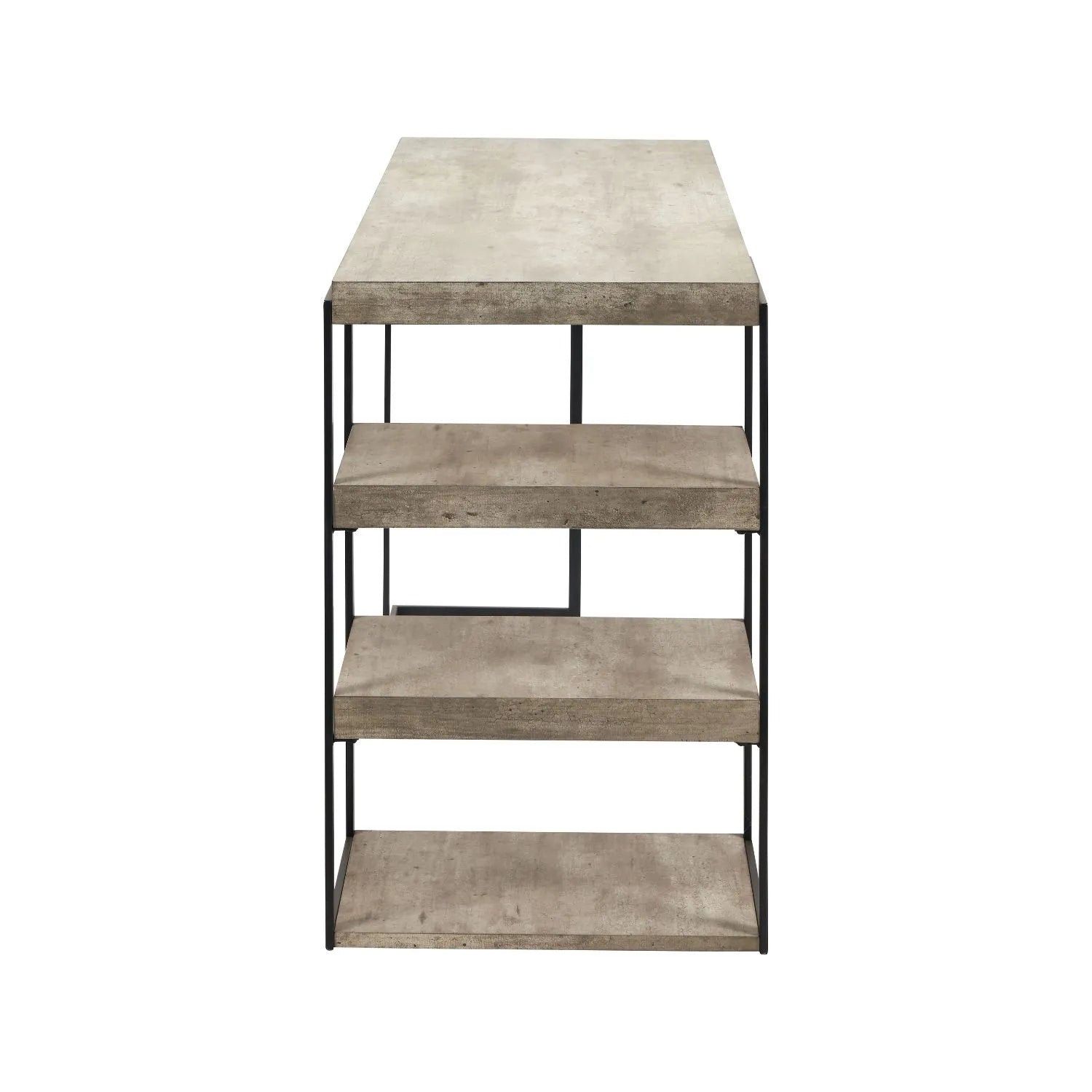 Light Grey Concrete Effect Desk with 3 Side Storage Shelves & Black Metal Frame – Industrial Home Office Computer Desk with Open Shelving Storage, Concrete Effect Wood Veneer Top, Slim Metal Legs and Contemporary Space Saving Workstation Design Side View 79.5x120x50cm | Click Style