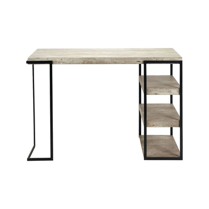 Light Grey Concrete Effect Desk with 3 Side Storage Shelves & Black Metal Frame – Industrial Home Office Computer Desk with Open Shelving Storage, Concrete Effect Wood Veneer Top, Slim Metal Legs and Contemporary Space Saving Workstation Design 79.5x120x50cm | Click Style