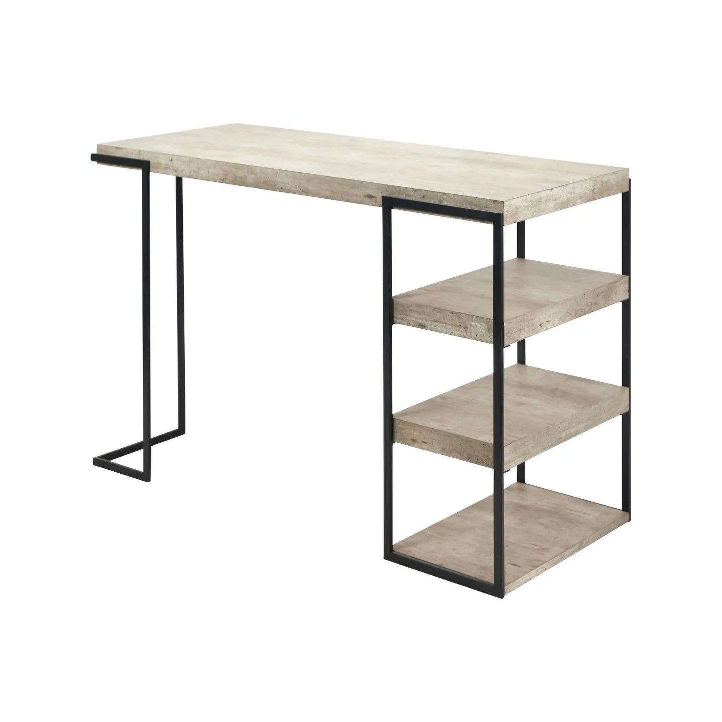 Light Grey Concrete Effect Desk with 3 Side Storage Shelves & Black Metal Frame – Industrial Home Office Computer Desk with Open Shelving Storage, Concrete Effect Wood Veneer Top, Slim Metal Legs and Contemporary Space Saving Workstation Design 79.5x120x50cm | Click Style