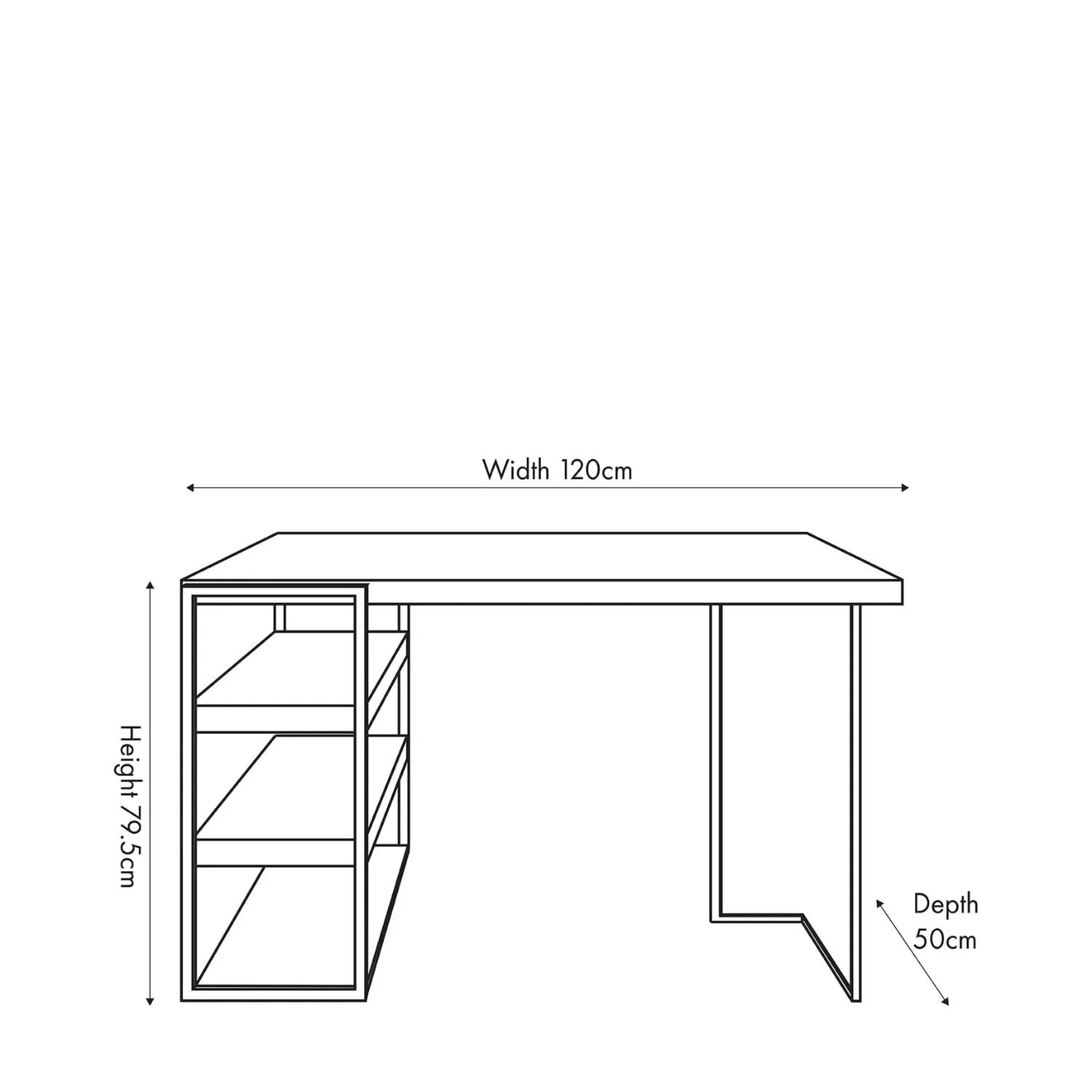 Light Grey Concrete Effect Desk with 3 Side Storage Shelves & Black Metal Frame – Industrial Home Office Computer Desk with Open Shelving Storage, Concrete Effect Wood Veneer Top, Slim Metal Legs and Contemporary Space Saving Workstation Design Dimensions 79.5x120x50cm | Click Style