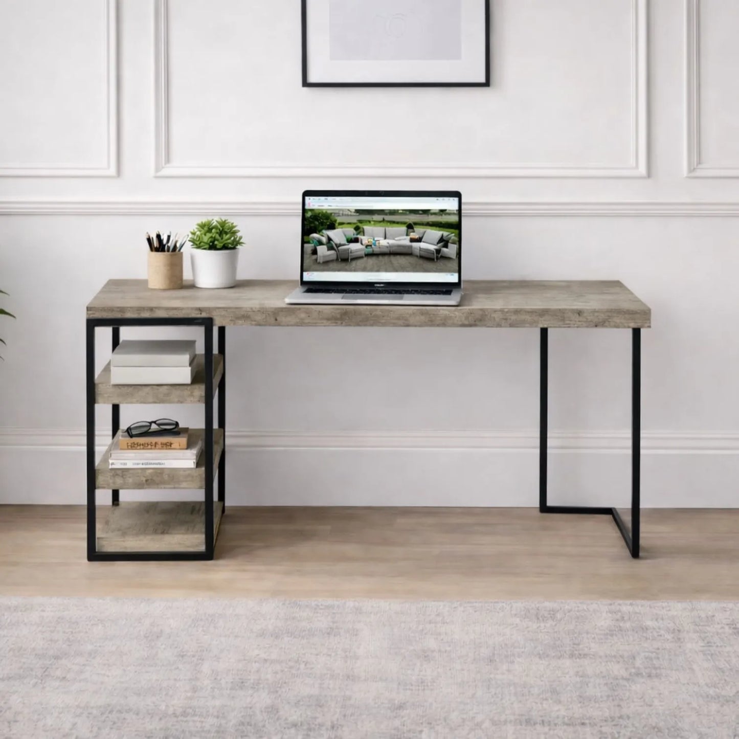 Light Grey Concrete Effect Desk with 3 Side Storage Shelves & Black Metal Frame – Industrial Home Office Computer Desk with Open Shelving Storage, Concrete Effect Wood Veneer Top, Slim Metal Legs and Contemporary Space Saving Workstation Design 79.5x120x50cm | Click Style