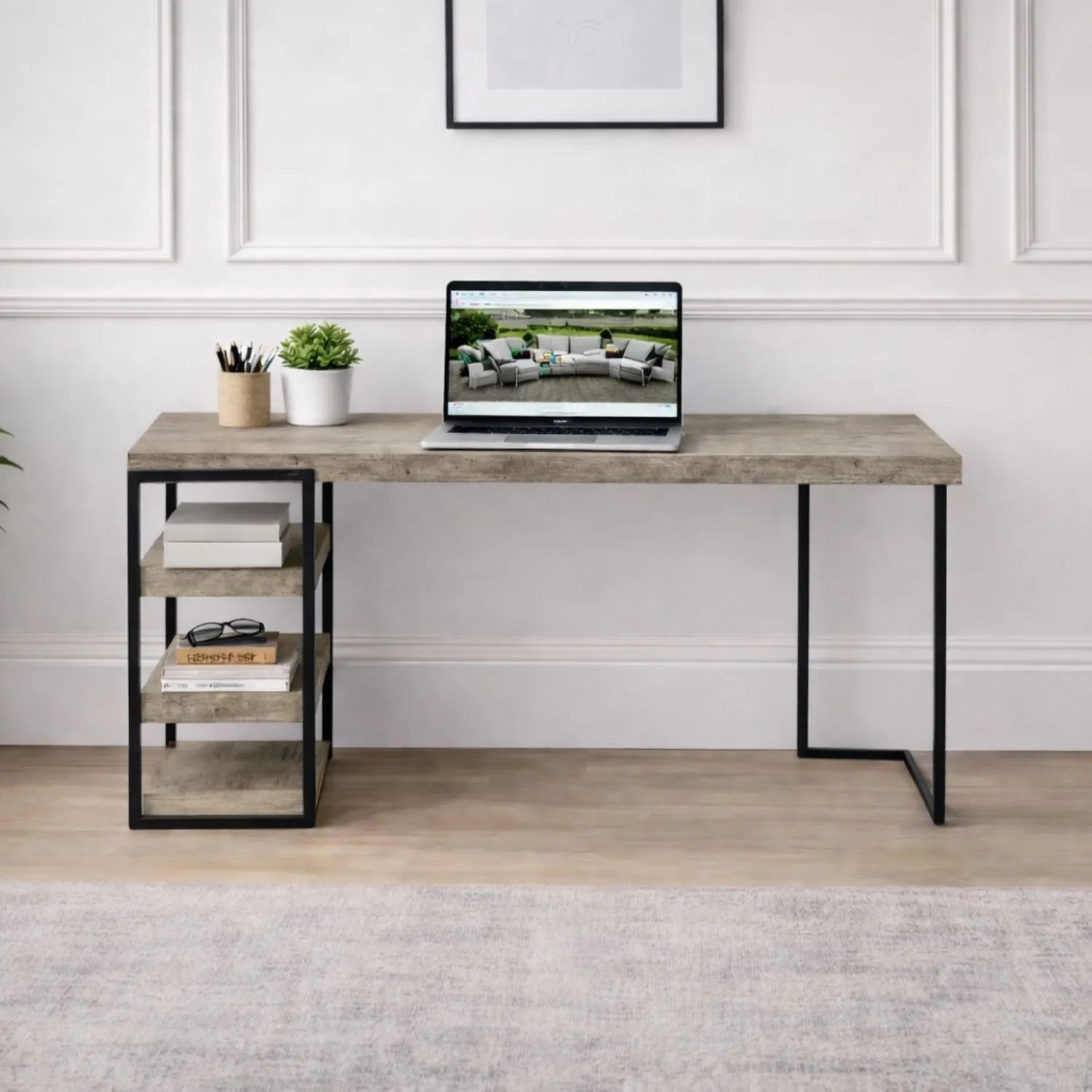 Light Grey Concrete Effect Desk with 3 Side Storage Shelves & Black Metal Frame – Industrial Home Office Computer Desk with Open Shelving Storage, Concrete Effect Wood Veneer Top, Slim Metal Legs and Contemporary Space Saving Workstation Design 79.5x120x50cm | Click Style