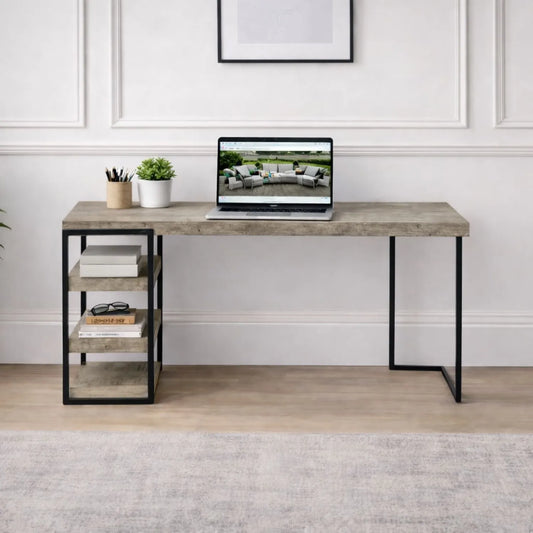 Light Grey Concrete Effect Desk with 3 Side Storage Shelves & Black Metal Frame – Industrial Home Office Computer Desk with Open Shelving Storage, Concrete Effect Wood Veneer Top, Slim Metal Legs and Contemporary Space Saving Workstation Design 79.5x120x50cm | Click Style