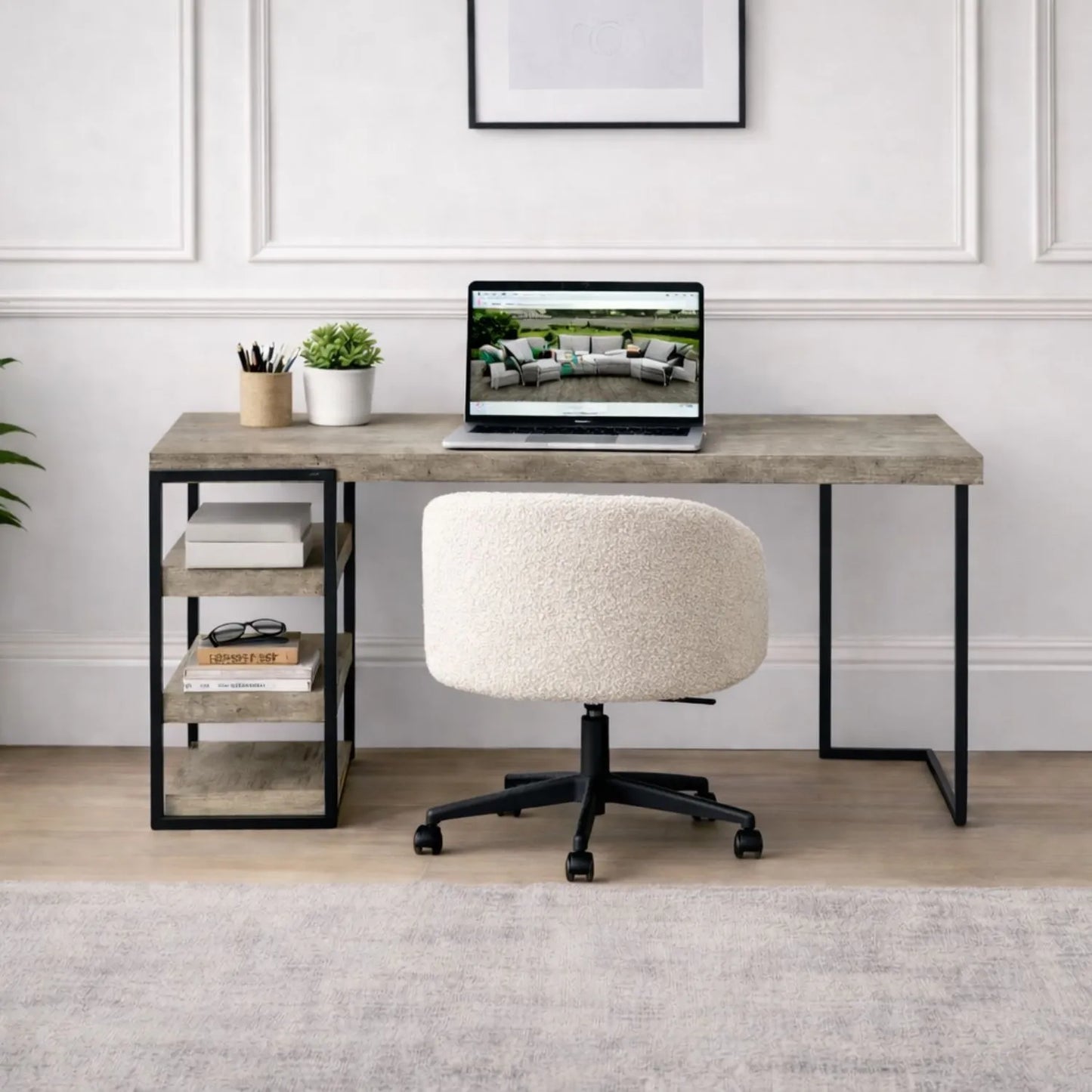 Light Grey Concrete Effect Desk with 3 Side Storage Shelves & Black Metal Frame – Industrial Home Office Computer Desk with Open Shelving Storage, Concrete Effect Wood Veneer Top, Slim Metal Legs and Contemporary Space Saving Workstation Design 79.5x120x50cm | Click Style