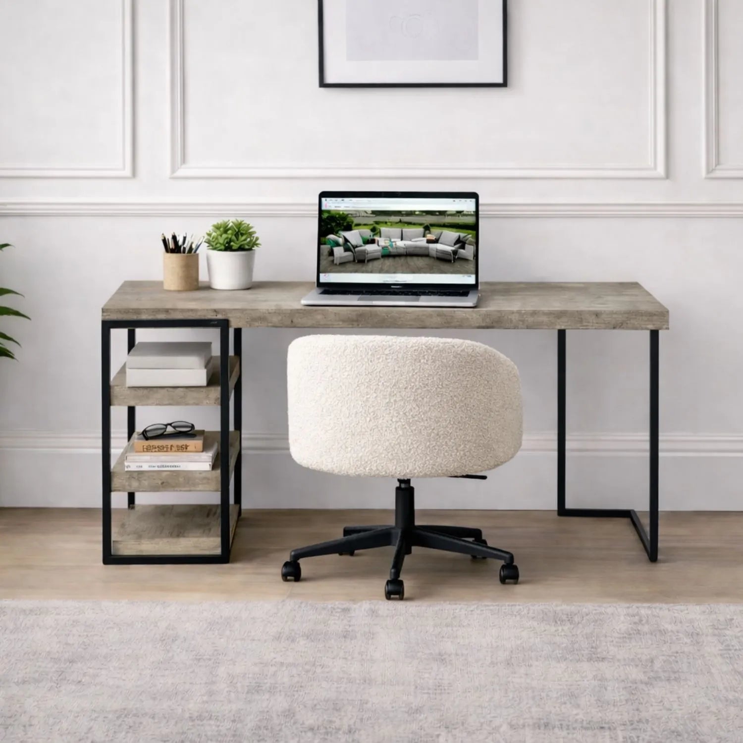 Light Grey Concrete Effect Desk with 3 Side Storage Shelves & Black Metal Frame – Industrial Home Office Computer Desk with Open Shelving Storage, Concrete Effect Wood Veneer Top, Slim Metal Legs and Contemporary Space Saving Workstation Design 79.5x120x50cm | Click Style