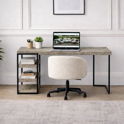 Light Grey Concrete Effect Desk with 3 Side Storage Shelves & Black Metal Frame – Industrial Home Office Computer Desk with Open Shelving Storage, Concrete Effect Wood Veneer Top, Slim Metal Legs and Contemporary Space Saving Workstation Design 79.5x120x50cm | Click Style