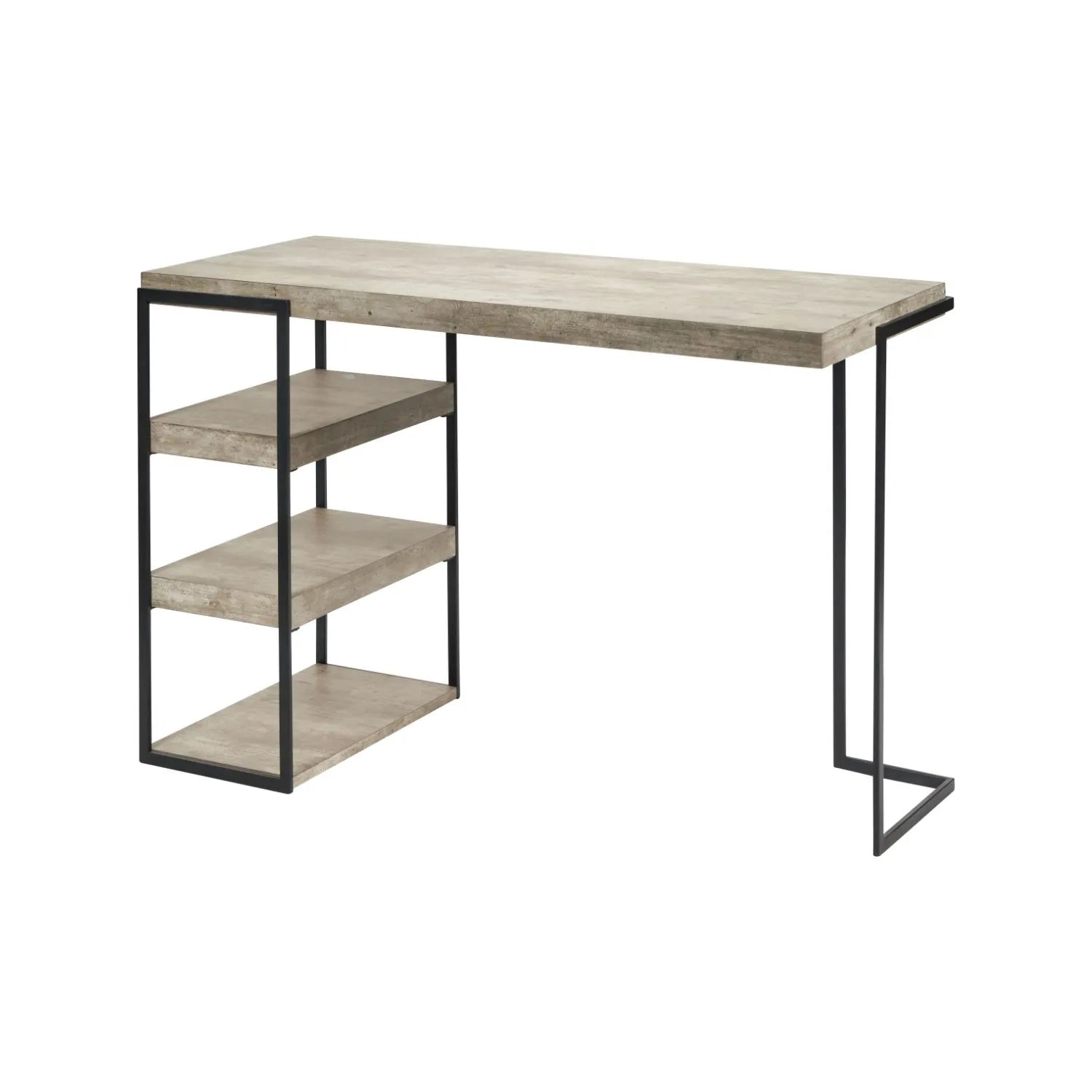 Light Grey Concrete Effect Desk with 3 Side Storage Shelves & Black Metal Frame – Industrial Home Office Computer Desk with Open Shelving Storage, Concrete Effect Wood Veneer Top, Slim Metal Legs and Contemporary Space Saving Workstation Design 79.5x120x50cm | Click Style
