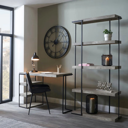 Light Grey Concrete Effect Desk with 3 Side Storage Shelves & Black Metal Frame – Industrial Home Office Computer Desk with Open Shelving Storage, Concrete Effect Wood Veneer Top, Slim Metal Legs and Contemporary Space Saving Workstation Design 79.5x120x50cm | Click Style