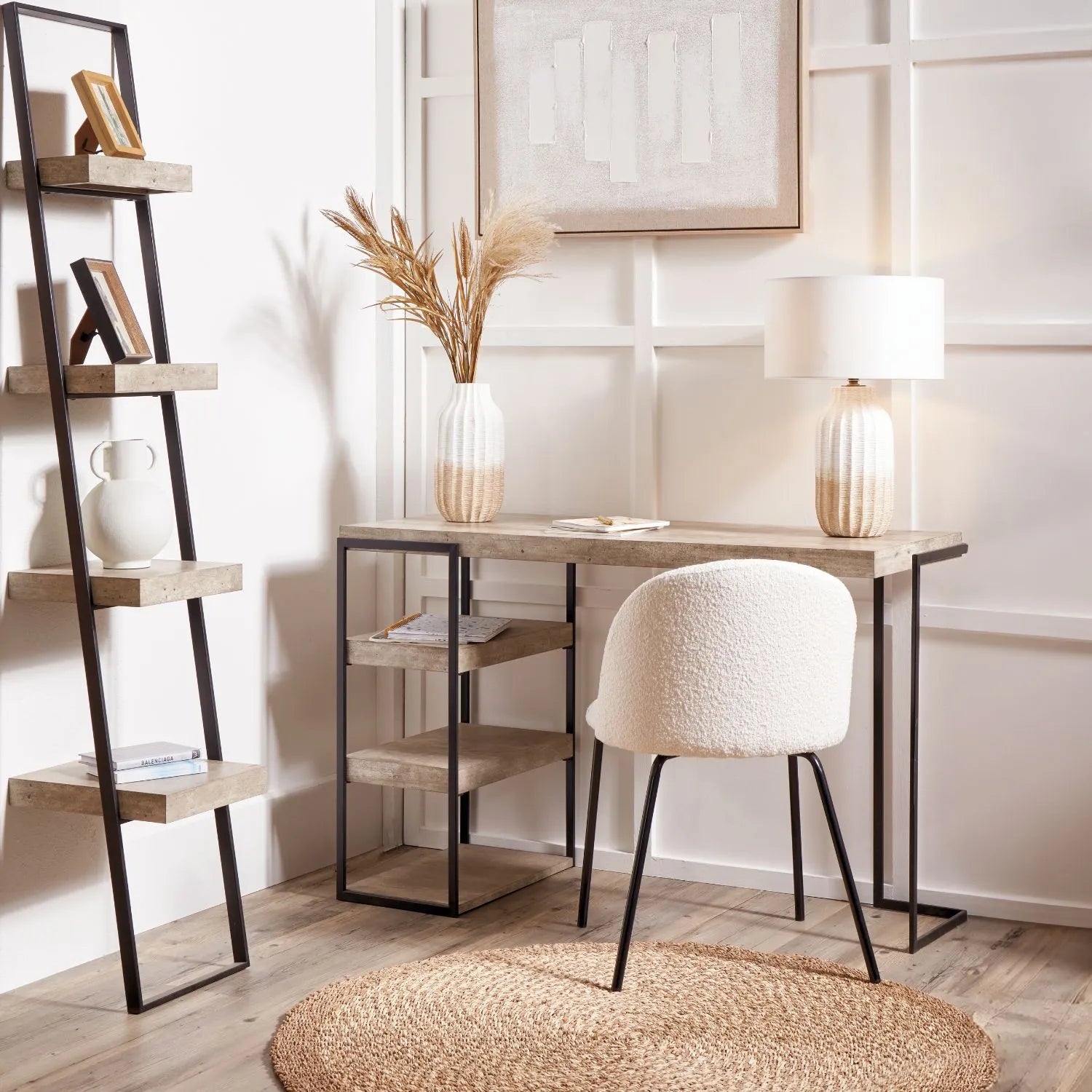 Light Grey Concrete Effect Desk with 3 Side Storage Shelves & Black Metal Frame – Industrial Home Office Computer Desk with Open Shelving Storage, Concrete Effect Wood Veneer Top, Slim Metal Legs and Contemporary Space Saving Workstation Design 79.5x120x50cm | Click Style