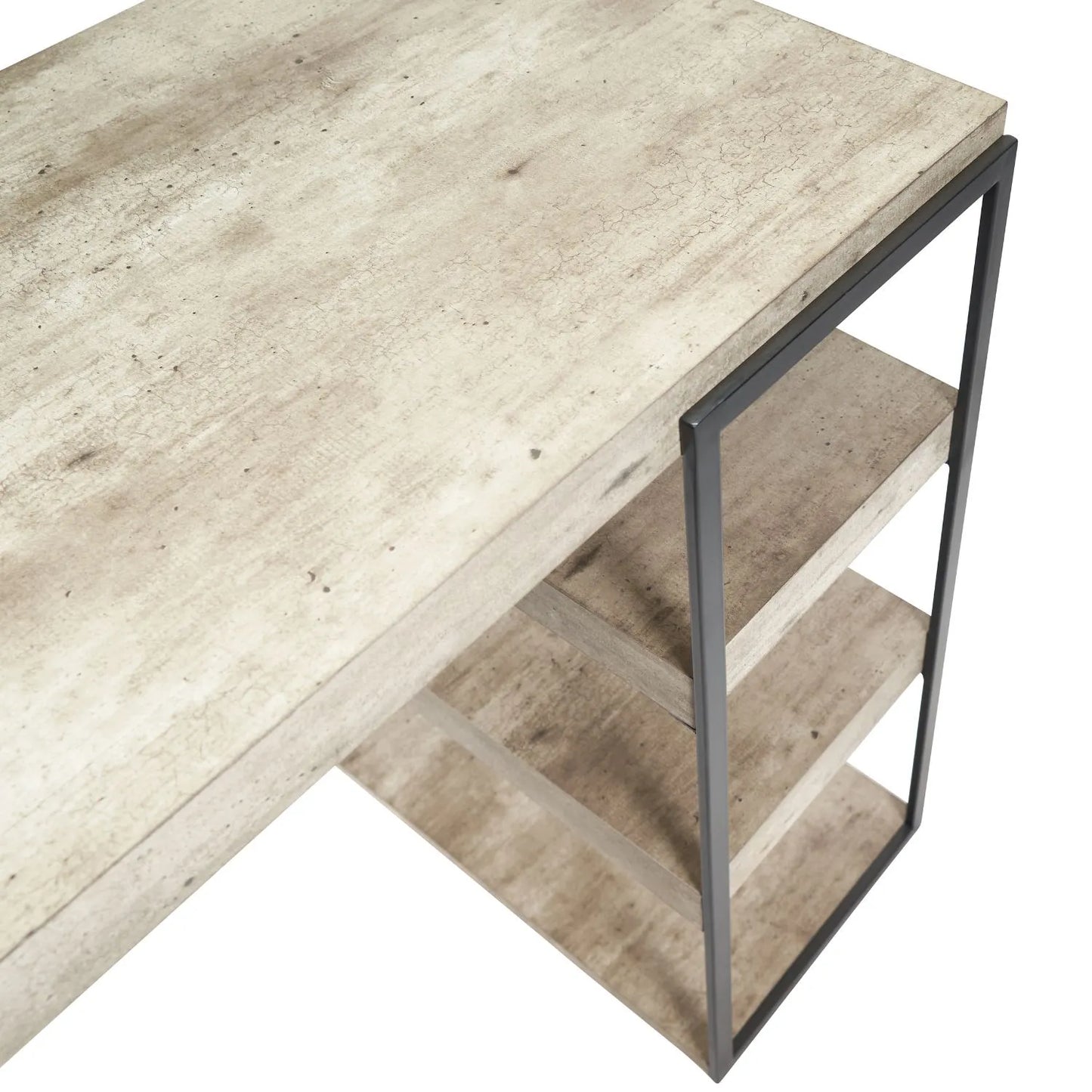 Light Grey Concrete Effect Desk with 3 Side Storage Shelves & Black Metal Frame – Industrial Home Office Computer Desk with Open Shelving Storage, Concrete Effect Wood Veneer Top, Slim Metal Legs and Contemporary Space Saving Workstation Design 79.5x120x50cm | Click Style