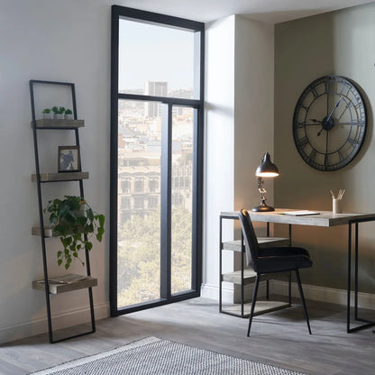 Light Grey Concrete Effect Desk with 3 Side Storage Shelves & Black Metal Frame – Industrial Home Office Computer Desk with Open Shelving Storage, Concrete Effect Wood Veneer Top, Slim Metal Legs and Contemporary Space Saving Workstation Design 79.5x120x50cm | Click Style