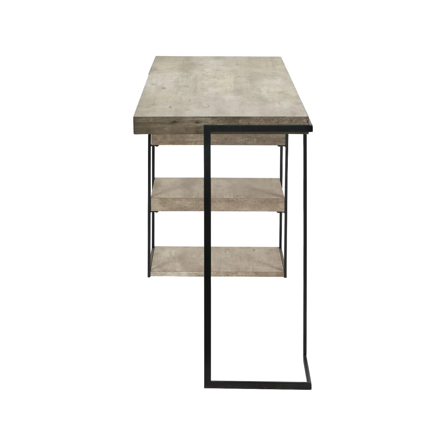 Light Grey Concrete Effect Desk with 3 Side Storage Shelves & Black Metal Frame – Industrial Home Office Computer Desk with Open Shelving Storage, Concrete Effect Wood Veneer Top, Slim Metal Legs and Contemporary Space Saving Workstation Design Side View 79.5x120x50cm | Click Style