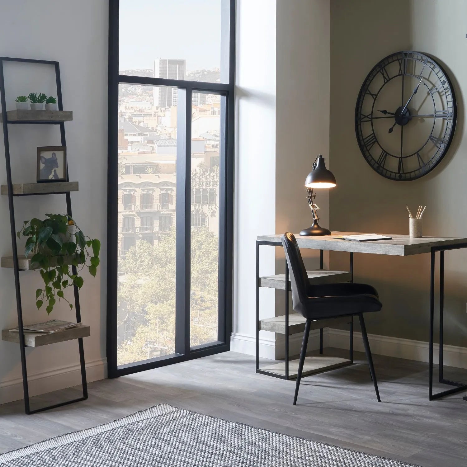 Light Grey Concrete Effect Desk with 3 Side Storage Shelves & Black Metal Frame – Industrial Home Office Computer Desk with Open Shelving Storage, Concrete Effect Wood Veneer Top, Slim Metal Legs and Contemporary Space Saving Workstation Design 79.5x120x50cm | Click Style