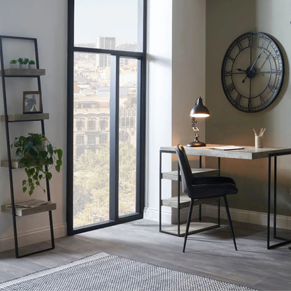 Light Grey Concrete Effect Desk with 3 Side Storage Shelves & Black Metal Frame – Industrial Home Office Computer Desk with Open Shelving Storage, Concrete Effect Wood Veneer Top, Slim Metal Legs and Contemporary Space Saving Workstation Design 79.5x120x50cm | Click Style