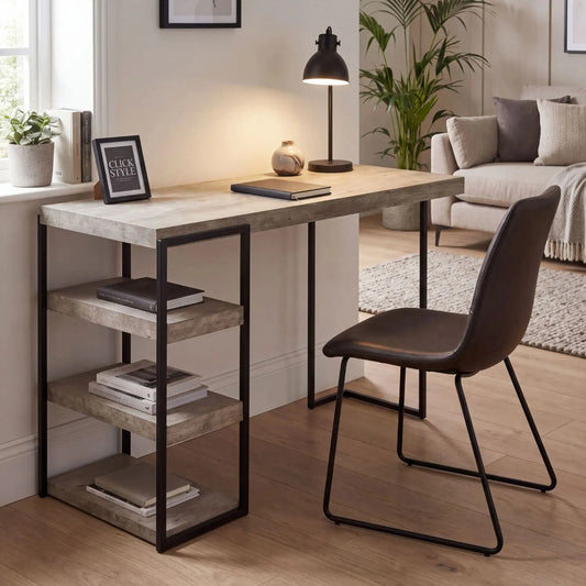 Light grey concrete effect desk with 3 storage shelves and black metal frame styled in contemporary living room | Click Style