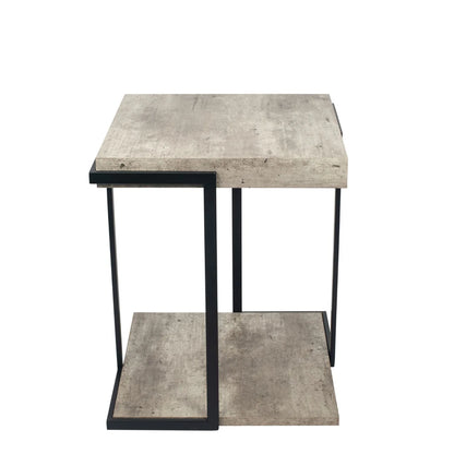 Light Grey Concrete Effect Wood Veneer Side Table with Lower Storage Shelf & Black Metal Frame – Industrial Bedside Table, Square Lamp Table or Occasional End Table for Living Room or Bedroom with Open Shelf Storage 51x42x42cm | Click Style