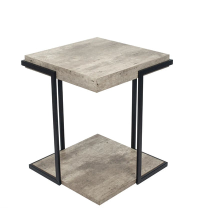 Light Grey Concrete Effect Wood Veneer Side Table with Lower Storage Shelf & Black Metal Frame – Industrial Bedside Table, Square Lamp Table or Occasional End Table for Living Room or Bedroom with Open Shelf Storage 51x42x42cm | Click Style