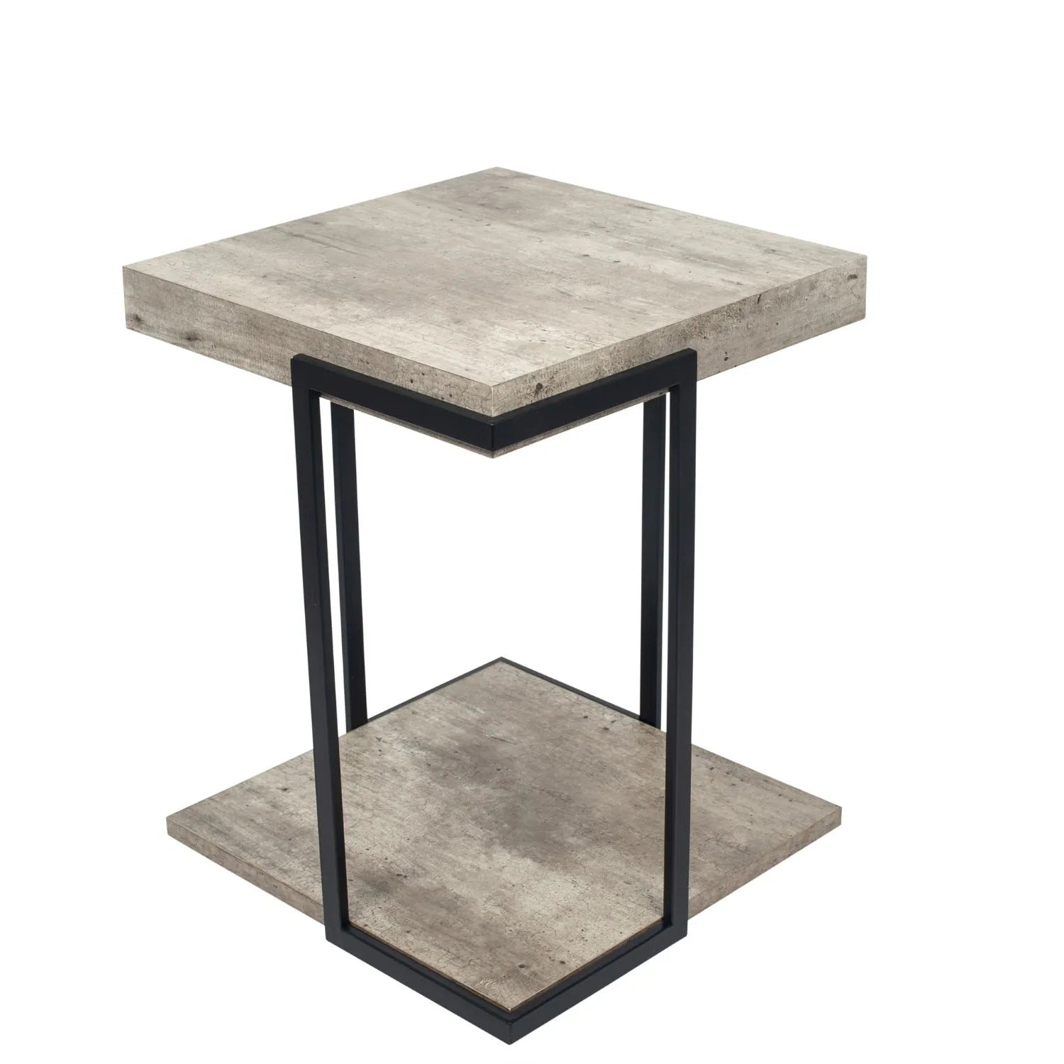 Light Grey Concrete Effect Wood Veneer Side Table with Lower Storage Shelf & Black Metal Frame – Industrial Bedside Table, Square Lamp Table or Occasional End Table for Living Room or Bedroom with Open Shelf Storage 51x42x42cm | Click Style